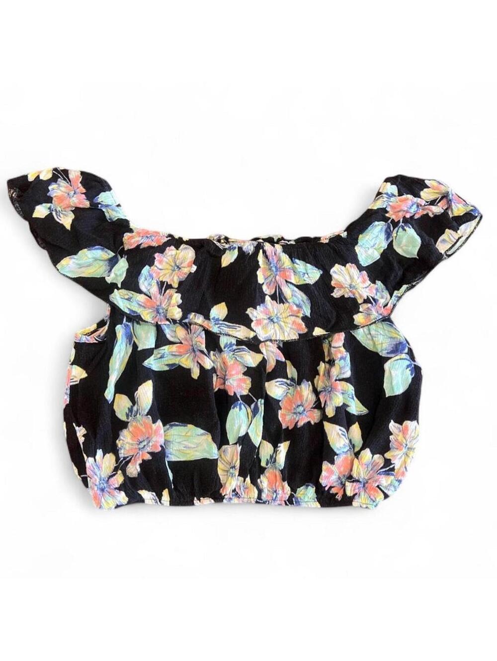 Vintage Black Floral Off Shoulder Ruffle Crop Top Cottagecore Boho‎ Size S